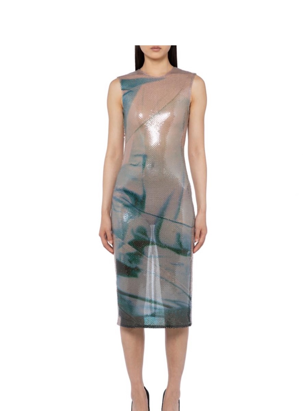 16 Arlington Sheer sequin nude & Blue-Green Sleeveless Midi Dress size 2